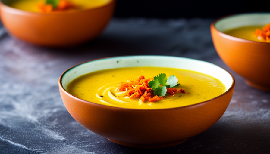 An image that showcases a steaming bowl of golden turmeric soup, with swirls of vibrant orange and yellow hues