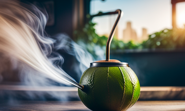 An image that showcases the vibrant green leaves of yerba mate, gently steeping in a traditional gourd with a metal straw, while wisps of steam lazily rise, enticingly carrying the invigorating aroma