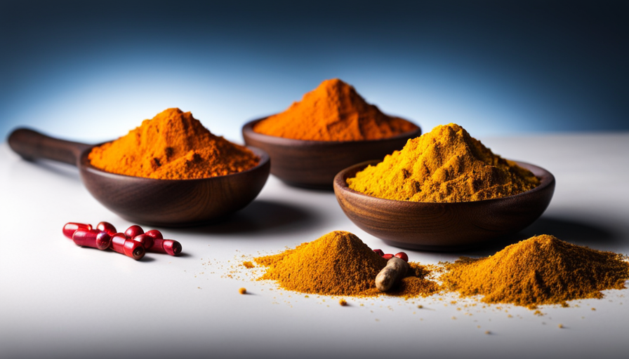 An image illustrating a variety of turmeric forms, including capsules, extracts, powders, and fresh roots, showcasing their vibrant colors and distinct textures