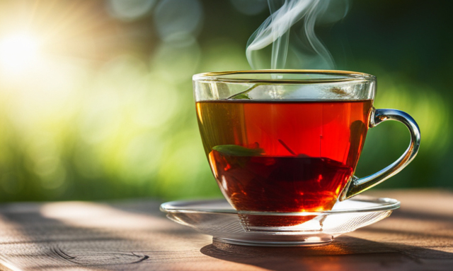 An image showcasing a serene scene: a steamy cup of Fose Rooibos Red Tea resting on a wooden table, surrounded by lush greenery and bathed in warm sunlight, evoking a sense of relaxation, wellness, and nature's embrace