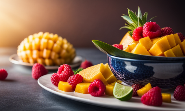 An image showcasing a vibrant, summer-inspired fruit platter adorned with juicy slices of mango, tangy raspberries, zesty slices of citrus, and succulent chunks of pineapple, perfectly complementing a steaming cup of aromatic rooibos tea