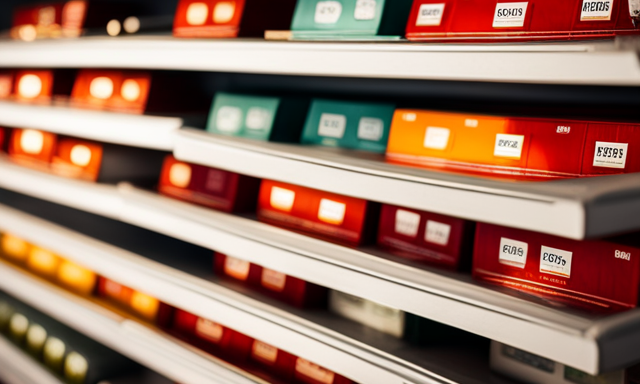An image showcasing a neatly organized shelf in a well-lit grocery store, displaying an assortment of vibrant Rooibos tea boxes
