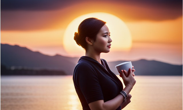 An image showcasing a serene scene of a person gracefully holding a steaming cup of oolong tea, enveloped by a vibrant sunrise backdrop