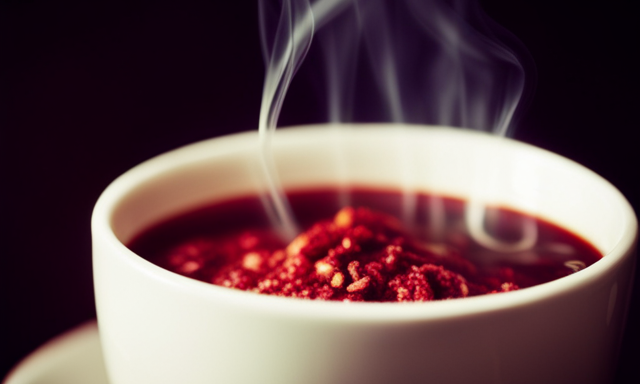 -up shot of a steaming cup filled with a deep red herbal infusion, emanating a rich and earthy aroma
