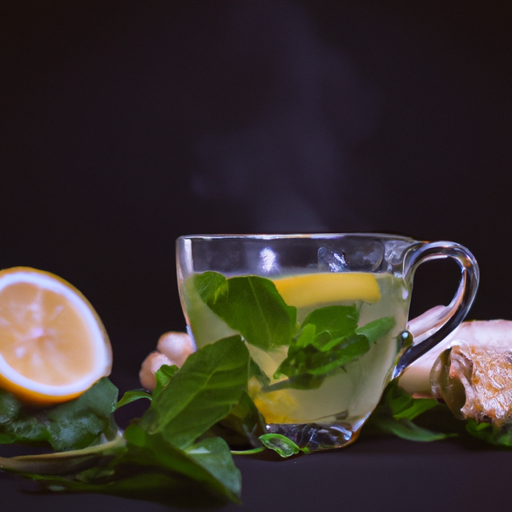 An image showcasing a steaming cup of fragrant green tea, surrounded by fresh mint leaves, slices of lemon, and a sprinkle of ginger, evoking a refreshing and invigorating herbal concoction for weight loss