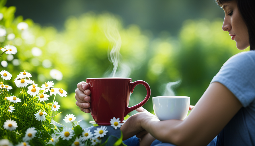 An image showcasing a serene setting with a person comfortably sipping on a warm cup of chamomile tea, surrounded by soothing green foliage and calming colors, symbolizing its effectiveness in relieving acid reflux