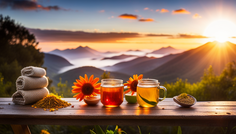An image showcasing a rustic wooden table adorned with a vibrant assortment of herbal tea blends, including chamomile, ginger, turmeric, and peppermint, all radiating soothing warmth, inviting readers to discover their arthritis pain relief properties