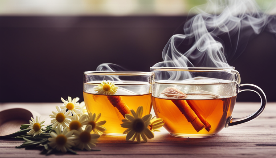 An image showcasing a cozy mug filled with steamy herbal tea, infused with soothing ingredients like chamomile, honey, and ginger