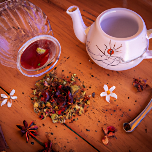An image showcasing a rustic wooden table adorned with an exquisite arrangement of chamomile, cinnamon, and hibiscus herbal tea, accompanied by a delicate teapot and a vintage teacup, evoking a warm and soothing ambiance for a blog post on herbal teas beneficial for diabetes