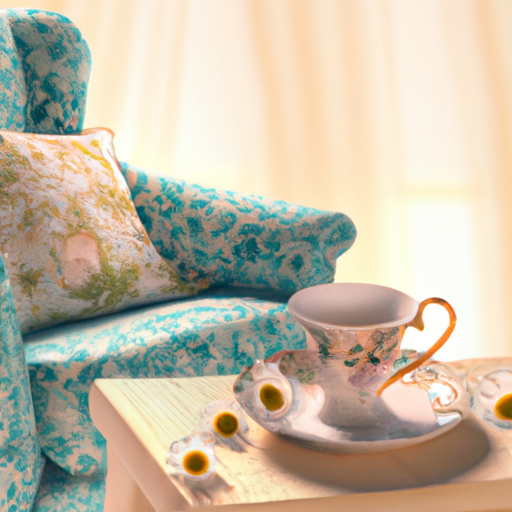 An image showcasing a serene, sunlit room with a cozy armchair, adorned with a delicate porcelain teacup filled with aromatic chamomile tea