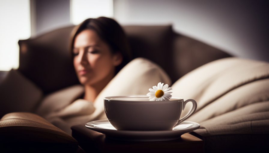 An image that showcases a steaming cup of chamomile herbal tea, gently releasing its soothing aroma, while a serene woman with closed eyes leans back against a soft pillow, finding relief from her headache