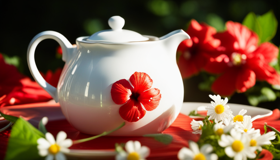 An image of a serene, sunlit garden bursting with vibrant hibiscus flowers and soothing chamomile blossoms, delicately steeping in a teapot