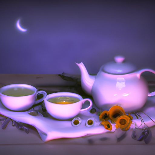 An image showcasing a serene moonlit scene with chamomile flowers and lavender gently steeping in a teapot, exuding a soothing aroma