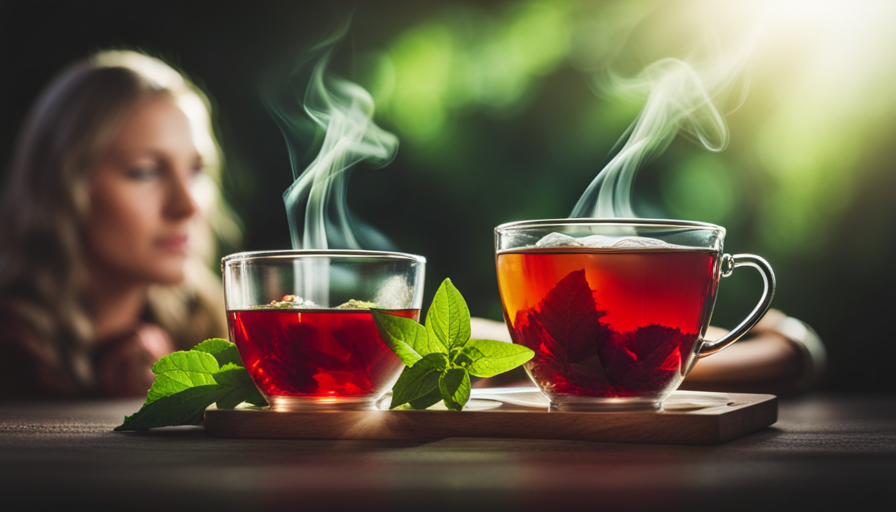 An image capturing a vibrant cup of steaming herbal tea, brimming with rich, deep red hues