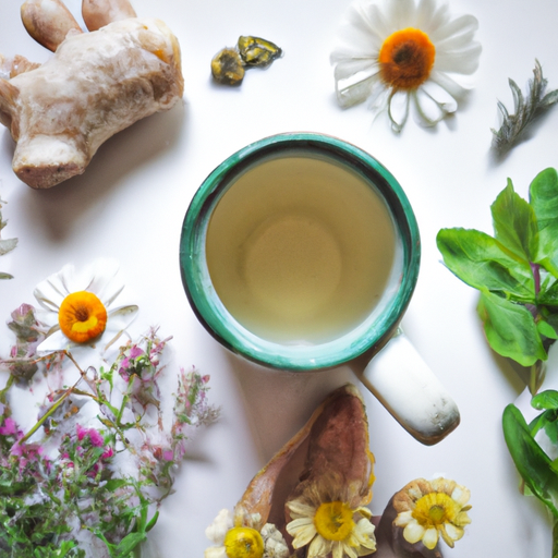 An image showcasing a cozy mug filled with soothing herbal tea, steaming gently