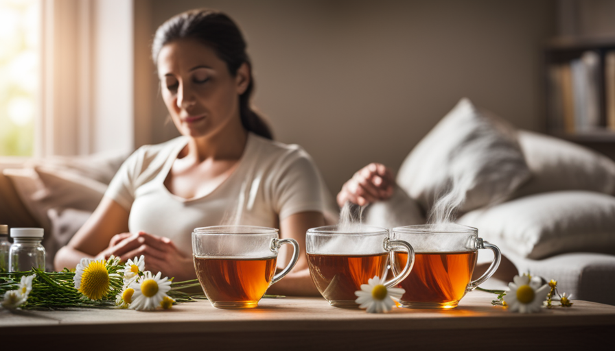 An image showcasing a serene, expectant mother gently cradling a steaming cup of chamomile tea, surrounded by an array of carefully selected and labeled herbal tea jars, each brimming with soothing and pregnancy-safe blends