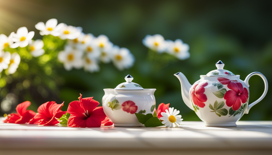 An image of a serene, sunlit garden with a wooden table adorned with a delicate teapot, surrounded by vibrant hibiscus flowers and fresh chamomile leaves