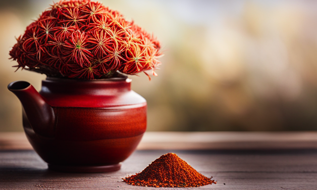 An image showcasing a vibrant bouquet of indigenous South African herbs: Rooibos leaves, buchu, honeybush, and African wormwood, all gathered together in a rustic ceramic teapot