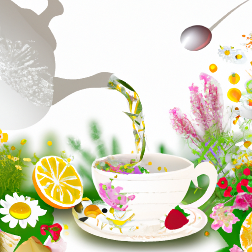 An image of a serene herbal tea garden, with a teapot pouring fresh tea into a cup