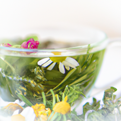 An image showcasing a close-up of a steaming cup of herbal tea, filled with vibrant green chamomile flowers, rosemary sprigs, and nettle leaves, evoking a soothing and natural remedy for hair loss
