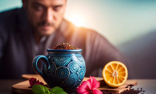 An image showcasing a vibrant, steaming cup of infused Yerba Mate, radiating with colorful botanicals like hibiscus flowers, lemon slices, and mint leaves, enticing readers to explore its invigorating and refreshing qualities