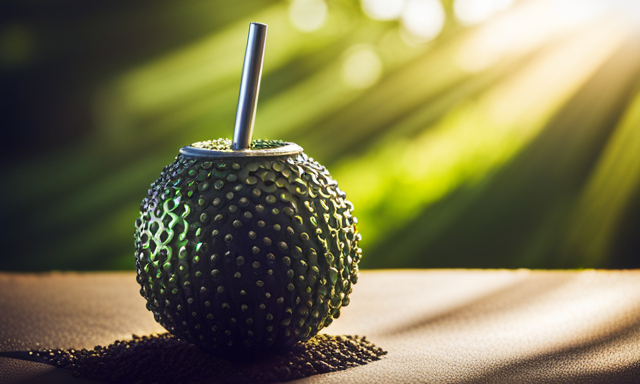 An image showcasing a stainless steel straw immersed in a gourd filled with vibrant green yerba mate