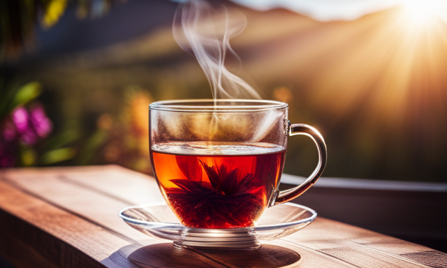 An image showcasing the vibrant red hues of freshly brewed Rooibos tea in a transparent glass mug, with steam gently rising from its surface, surrounded by a backdrop of blooming Rooibos plants