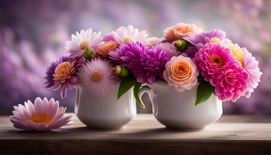 An image showcasing a vibrant bouquet of Sevin flowers, their delicate petals in various shades of pink, orange, and purple, gracefully arranged in a porcelain teacup, exuding an enticing aroma that invites a moment of serenity