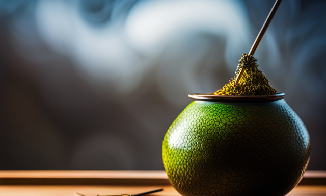 An image showcasing a serene scene of a handcrafted gourd filled with vibrant green yerba mate leaves, alongside a traditional metal straw, immersed in steaming hot water