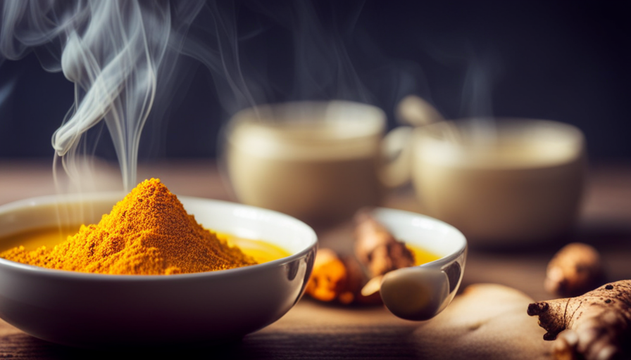 An image showcasing a close-up of a steaming mug of golden turmeric tea, beautifully garnished with fresh ginger slices and a sprinkle of black pepper, evoking warmth and soothing comfort for a cold