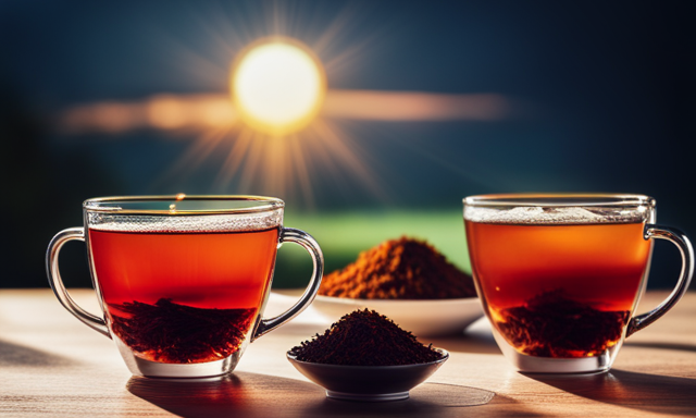 An image showcasing two cups of Rooibos tea side by side, one filled with vibrant green Rooibos and the other with rich red Rooibos