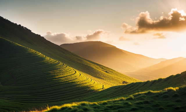 An image showcasing a vibrant, sunlit landscape of lush green fields in the Canary Islands, filled with towering yerba mate plants, exuding a sense of tranquility and authenticity