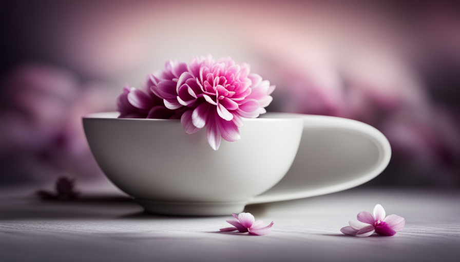 An image showcasing a delicate porcelain teacup, filled with a vibrant infusion of blooming flowers