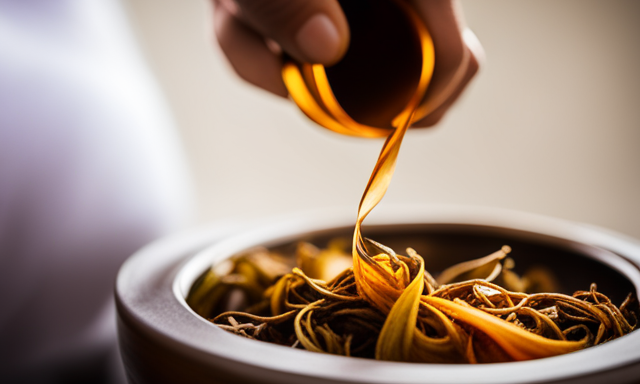 An image showcasing the intricate process of hand-rolling golden oolong tea leaves, revealing their vibrant golden hue