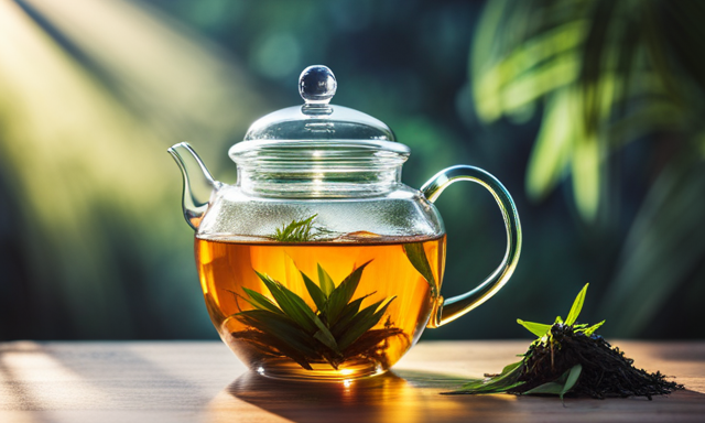 An image showcasing a vibrant, emerald-hued cup of green rooibos tea, delicately steeping in a glass teapot