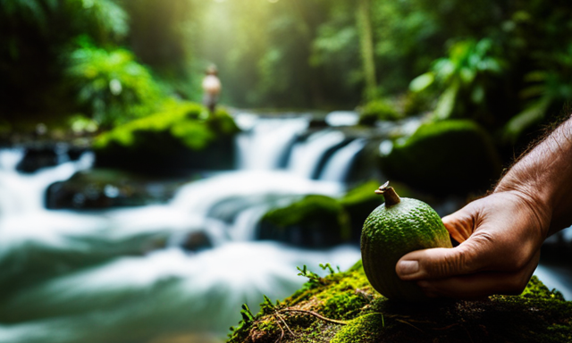 An image featuring a vibrant, verdant landscape with towering Amazonian trees, a rushing river, and a traditional mate gourd and bombilla, showcasing the natural origins and culture of Guayaki Yerba Mate Tea