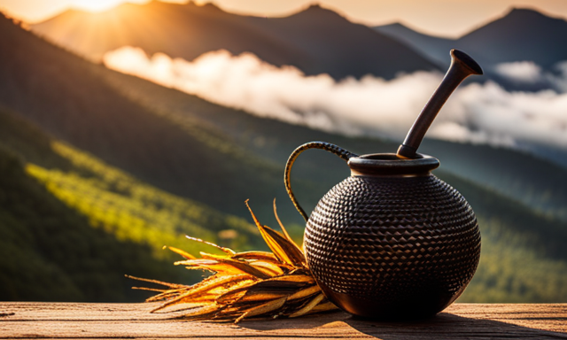 An image showcasing a vibrant, sun-drenched South American landscape, with a gourd and bombilla (traditional mate drinking utensils) beside a steaming cup of Guayaki Yerba Mate, evoking an atmosphere of energy and connection to nature