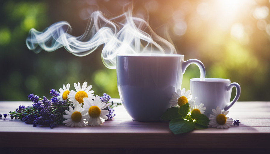 An image showcasing a steaming cup of fragrant herbal tea, with vibrant botanicals like chamomile, lavender, and mint beautifully arranged around it