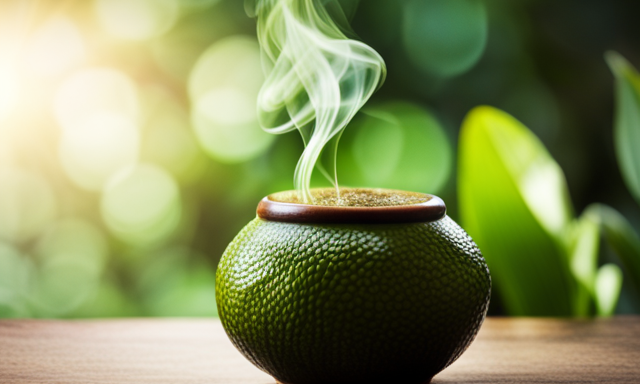 An image showcasing a vibrant, gourd-shaped yerba mate cup filled with steaming, earthy-green liquid