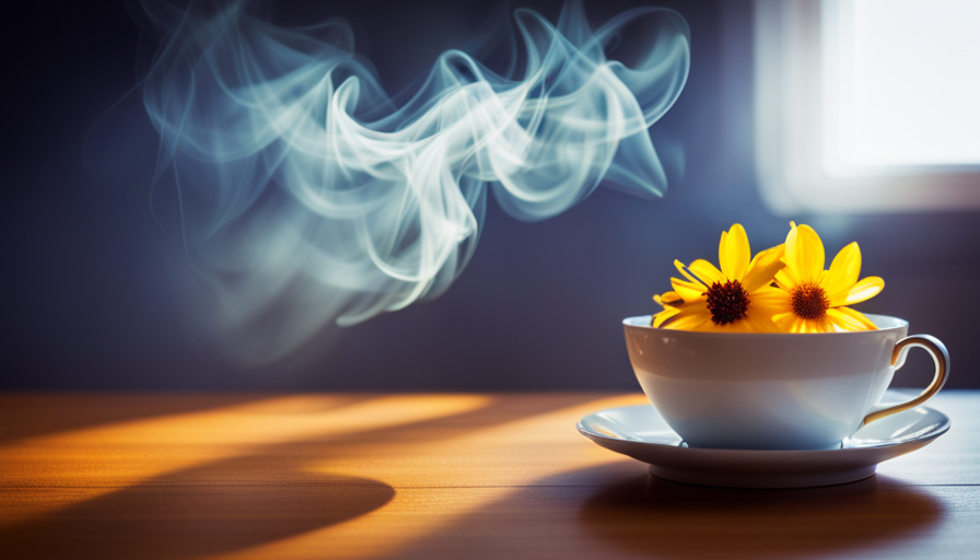 An image capturing the delicate beauty of linden flower tea: a steaming ceramic teacup adorned with vibrant golden-hued petals, emanating a soothing aroma