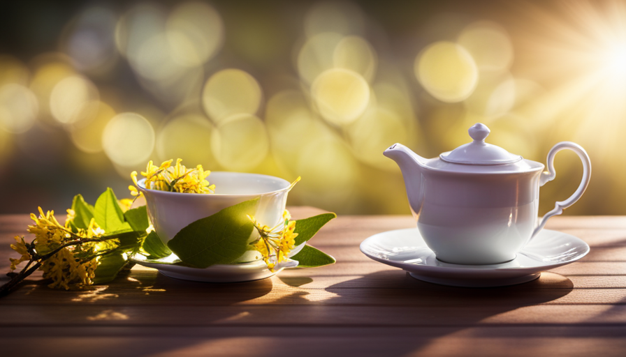 An image showcasing a delicate porcelain tea set, adorned with vibrant linden flowers floating in a steaming cup of golden-hued tea