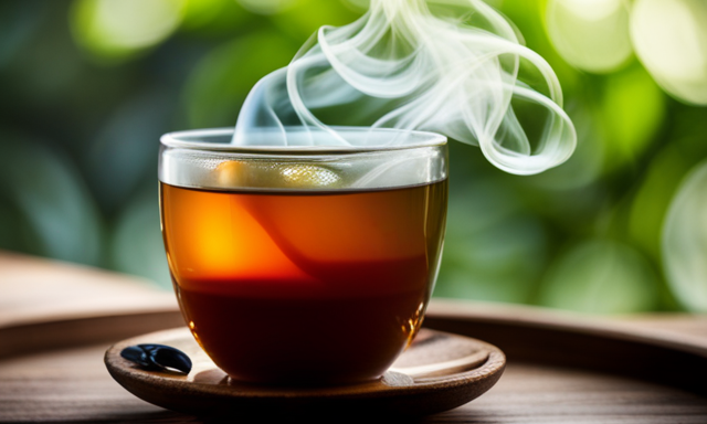 An image of a steaming cup of oolong tea, delicately balanced on a rustic wooden saucer