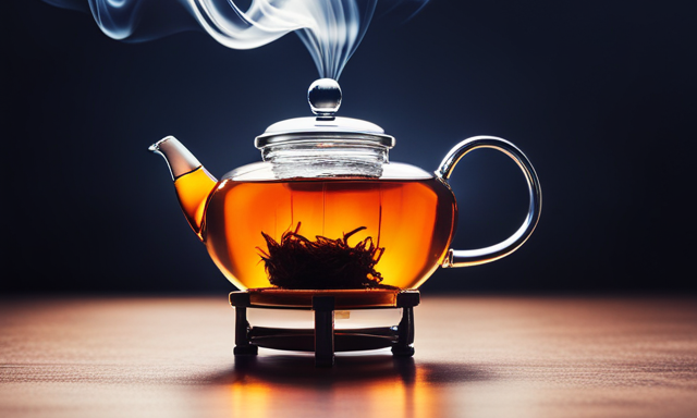 An image showcasing a clear glass teapot filled with warm amber-hued liquid, emanating gentle steam