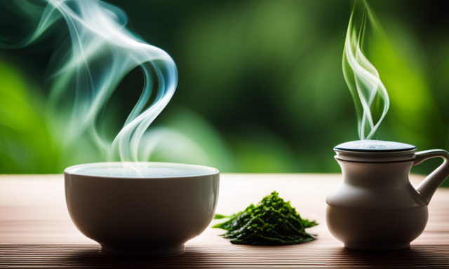 An image that showcases a serene scene of a steaming cup of oolong tea, surrounded by lush green tea leaves, with delicate wisps of steam curling upwards, conveying a sense of relaxation, health, and the soothing benefits of oolong tea
