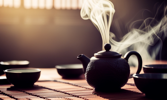 An image featuring a traditional Chinese tea ceremony: a serene setting with a delicate porcelain teapot pouring steaming oolong tea into small cups, showcasing the elegant tea leaves unfurling amidst wisps of aromatic steam