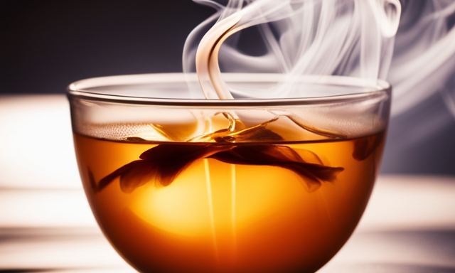 A captivating image showcasing a steamy cup of oolong tea, its amber hue gently swirling amidst delicate tendrils of rising steam