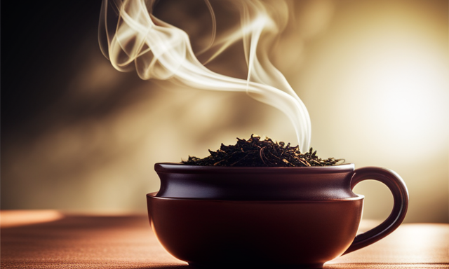An image showcasing a steaming cup of oolong tea, its rich amber hue radiating warmth, while wisps of delicate floral aroma gently dance above
