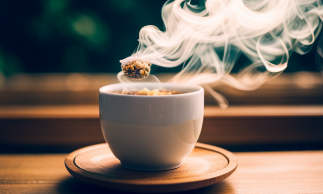 An image displaying a steaming cup of golden oolong tea, captured from an aerial perspective