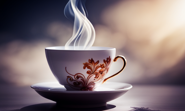 An image showcasing an elegant porcelain teacup filled with warm amber-hued Oolong tea, gently steaming, surrounded by fresh tea leaves unfurling their intricate shapes, evoking a sense of tranquility and sophistication