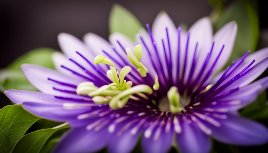 An image showcasing a serene cup of passion flower tea, steam gently rising from the vibrant blend of purple petals and green leaves